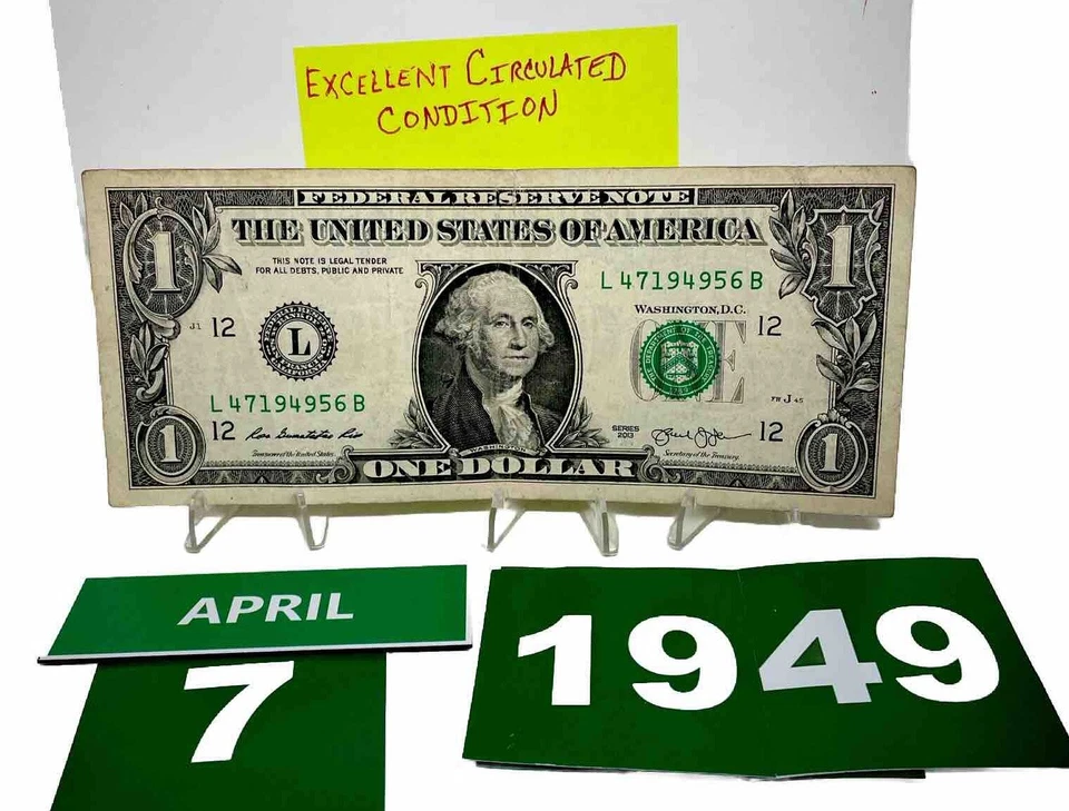 One Dollar Bill Birthday April 7 1949. Near Uncirculated. Fancy Serial Number - Image 1 of 4