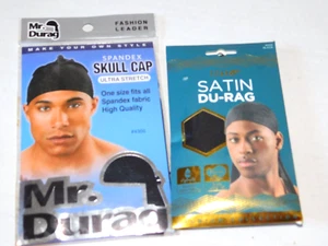 Satin Du-Rag AND Spandex Skull Cap Black One Size - Picture 1 of 11