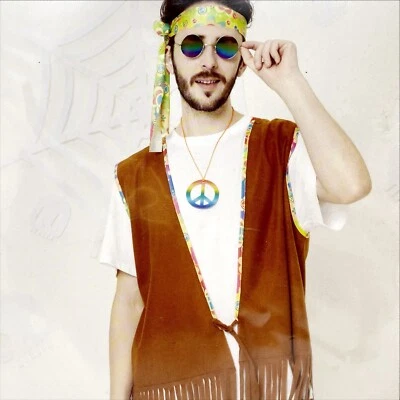 Halloween Hippie Costume 60s 70s Adult Vest Headband Necklace & Glasses Festival - Image 1 of 4