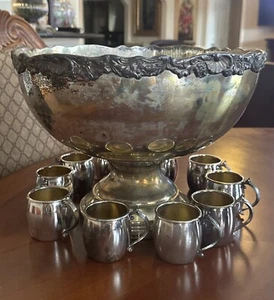 Vtg F.B. Rogers Silver Co. 5614 Punch Bowl Silverplate Set / 10 Silverplate Cups - Picture 1 of 10