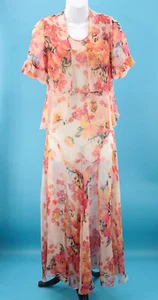 Vtg Women's 30s Sheer Cream & Orange Floral Chiffon Dress W/ Cover Up S/M 1930s - Picture 1 of 23