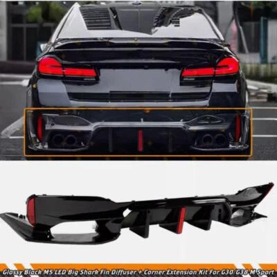 For BMW G30 17-23 G38 M5 Style Gloss Black Big Fin LED Rear Bumper Diffuser Kit - Image 1 of 4
