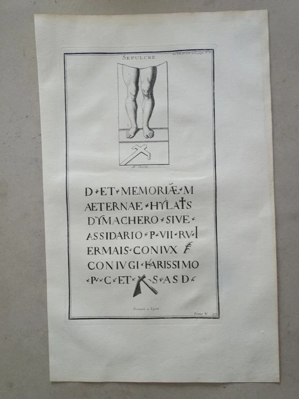 Sepulcre röm. Grabstätte Nekropole Schriftzug Relief Montfaucon Kupferstich 1722 - Bild 1 von 1