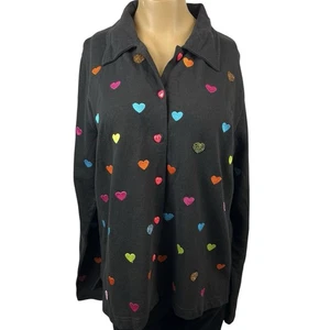 NWT Quacker Factory Black Cardigan Sweater Colorful Embroidered Hearts Size L - Picture 1 of 7