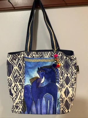 Women's Laurel Burch Indigo Mare & Foal Canvas Cotton Tote Bag 15x17 - Image 1 of 4