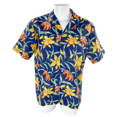 Camisa Hawaiana Royal Creations Grande Naranja Amarillo Tropical Flores Vides Azul Foto 1 de 4