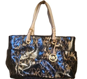 Michael Kors Jet Set Soft Patent Leather  Logo Shoulder Tote Bag Purse Black - Picture 1 of 11