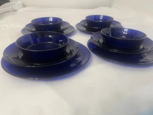 LOTE DE 12 PIEZAS VINTAGE LIBBY DURATUFF AZUL COLBALTO Plato, Ensaladera, Platillo, Cuenco,  - Imagen 1 de 10