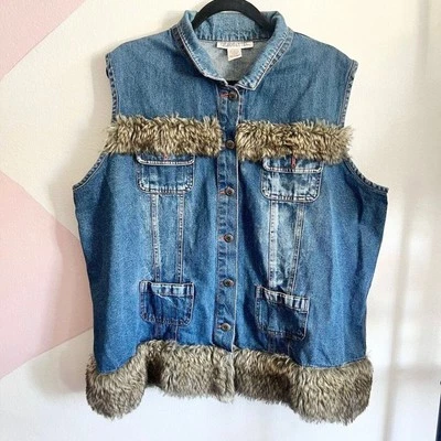 Denim Fur Trim Vest, Y2K Grunge Western Vintage 1X - Image 1 of 3