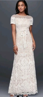 Violets & Roses Ivory Wedding Dress Size 10 Lace Illusion Off The Shoulder Maxi - Image 1 of 4