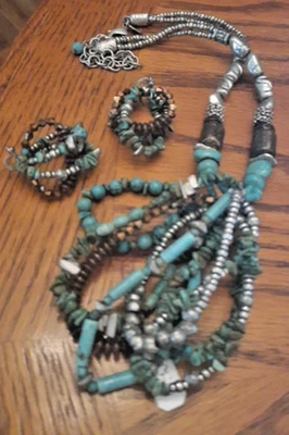 Juego de collar y pendientes Chicos en turquesa, bronce y plata - 15" inc colgante Foto 1 de 4