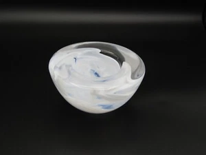 Kosta Boda Round Crystal Art Glass Votive Holder Swirled White to Clear w/Blue - Picture 1 of 7