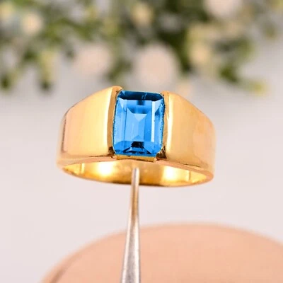 Anel masculino de ouro amarelo 14K com pedra preciosa facetada topázio azul celeste natural feito à mão presente - Imagem 1 de 3
