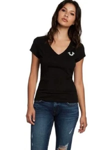 NWT: True Religion Crystal Rhinestone Horseshoe Deep V T-Shirt in Black Sz: XS - Picture 1 of 10