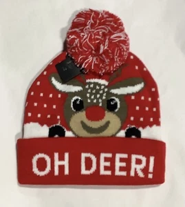 New Merry Christmas Beanie- "Oh Deer" Red & White Children's Hat - Picture 1 of 1