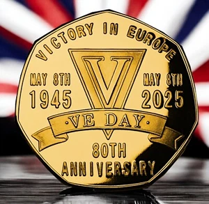 Moneda Conmemorativa Victoria en Europa 80 Aniversario Oro 24ct. 1945. VE DAY - Imagen 1 de 8