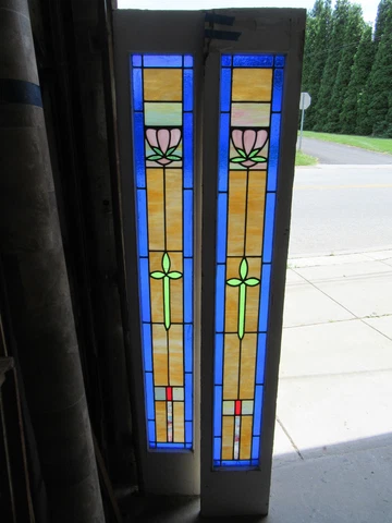 ~ PAIR ANTIQUE STAINED GLASS SIDELITES 12.25 X 79.25 EACH ~ SALVAGE Cover
