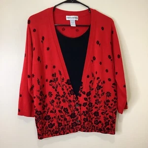 Cathy Daniels rot schwarz Blumen Strickjacke Größe Large Faux Bluse - Bild 1 von 4