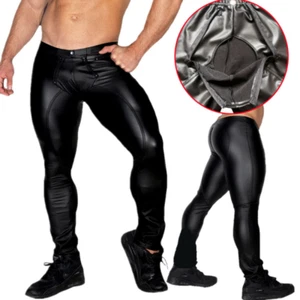 Men Gothic Long Pants Faux Leather Open Front Skinny Trousers Dance Clubwear New - Picture 1 of 12