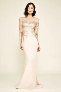 VESTIDO TADASHI SHOJI FINLEY LENTEJUELAS MANGA LARGA CREPÉ CHAMPÁN/DORADO talla 16 - Imagen 1 de 9