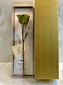 NEW GIFT BOXED Lacquer Dipped 24K Gold Trim Peridot/Topaz GREEN Real Rose BMS6 - Picture 1 of 3