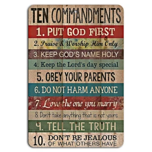 Ten Commandments Rustic Vintage Sign - Religious Inspirational Wall Art - Picture 1 of 1