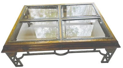 Mesa de centro italiana de colección LaBarge de hierro forjado martillado latón biselado vidrio ahumado Foto 1 de 4