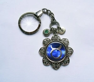 Taurus Zodiac Symbol Keychain or Clip with May Emerald Birthstone Crystal - Picture 1 of 5