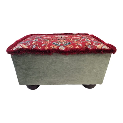 William Morris Red Tapestry Fabric plain green base Footstool Dark Wood Feet - Image 1 of 3