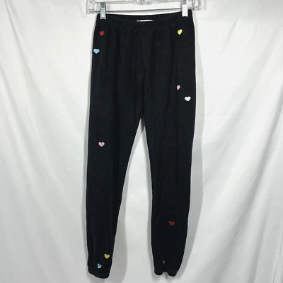 Pantalones deportivos Wildfox negros con corazones multicolores bordados elásticos XS Foto 1 de 4