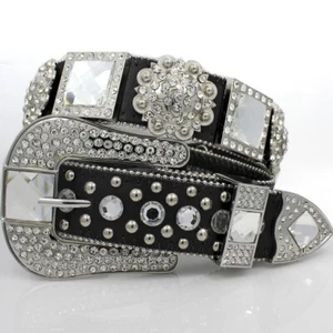 XS S M L  XL BLACK SQ CRYSTAL & FLOWER CONCHO BUCKLE Belt WESTERN COWBOY GIRL  - Picture 1 of 1