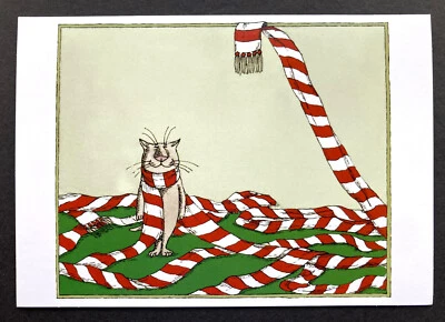 *UNO* NUEVO Edward Gorey 7x5 Gato Navidad Tarjeta Divertida Bufanda a Rayas Rojas 1 Foto 1 de 4