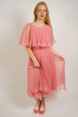 60s Pleated Dress (L) swing baby pink vintage chiffon coquette cocktail evening - Image 1 of 4
