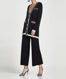 Neu Zara schwarze Longline Strickjacke Pullover Pulli Kontrast weiß rot Perlen Taschen - Bild 1 von 9