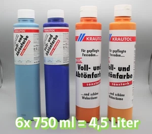 4,5 L Krautol Wandfarbe Blau Orange Gelb Petrol Abtönfarbe Restposten 6 x 750 ml - Bild 1 von 6