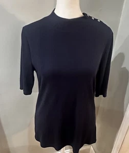 Talbots Top Womens Medium Navy Blue Textured Stripe Cotton Shoulder Button Crew - Picture 1 of 8