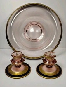 2 Pink Depression Glass Candle Holders With Matching Rolled Edge Console Bowl - Picture 1 of 8