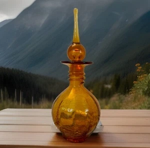 MCM Rainbow Crackle Glass 12” Amber Yellow Decanter Mid Century Vase - Picture 1 of 10