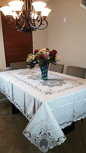 Beige 72x90" Polyester Embroidered Embroidery Cutwork Floral Tablecloth Napkins - Picture 1 of 7
