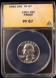 1962 WASHINGTON PROOF SILVER QUARTER SUPERB GEM UNC ANACS PF67 US COIN (699) - Foto 1 di 2