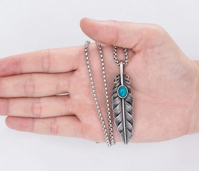 Men's Native American Feather Turquoise Pendant Necklace Men Women Chain - Image 1 of 4
