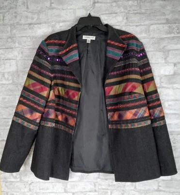 Coldwater Creek  Open Blazer Jacket 18 Aztec Southwestern Embellished Denim - Image 1 of 4