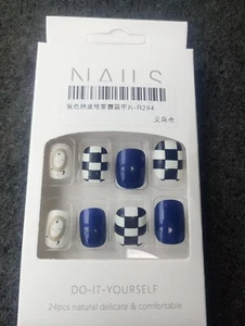 24Pcs False Nails with Glue Press On Tips Blue black white checkFake Nails - Picture 1 of 1