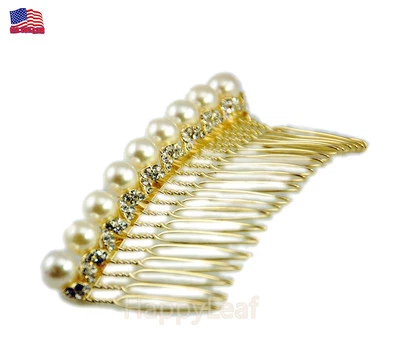 @@14K Gold-plated Faux Pearl CZ Hair Comb clip slide bridal Wedding flower girl  - Image 1 of 4