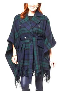 kathy ireland Women's Fashion 360 Faux Wool Chalet Poncho Green/Navy - Picture 1 of 1