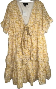 Forever 21 Plus Size Yellow Floral Woven Dress Sheer Front Tie Size 3X NWT - Picture 1 of 11