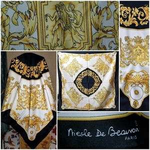 Signierter Nicole de Beauvoir Paris Polyester Schal schwarz gold Vintage 80er - Bild 1 von 12