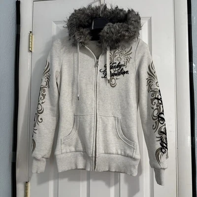 Harley Davidson Women’s Hoodie Jacket Faux Fur Gray Zip Up Graphic Script XS - Image 1 of 4