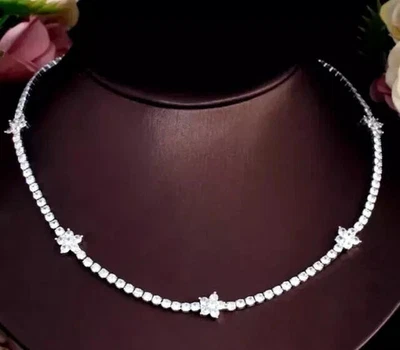 Round Cut Lab-Created Diamond Flower Tennis Necklace 14K White Gold Plated 8 Ct - Image 1 of 3