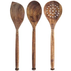 3pc Solid Acacia Wood Spoons and Skimmer Kitchen Utensils Set Cooking Baking ... - Picture 1 of 9